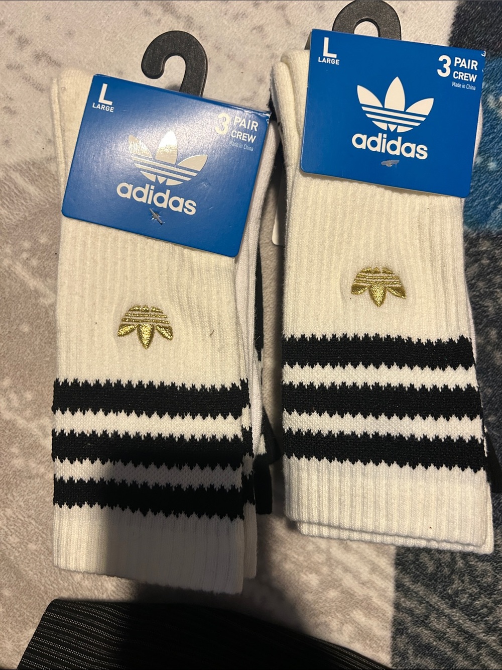 adidas White Crew Athletic Socks with Black Stripes and Gold Trefoil - 3 Pair